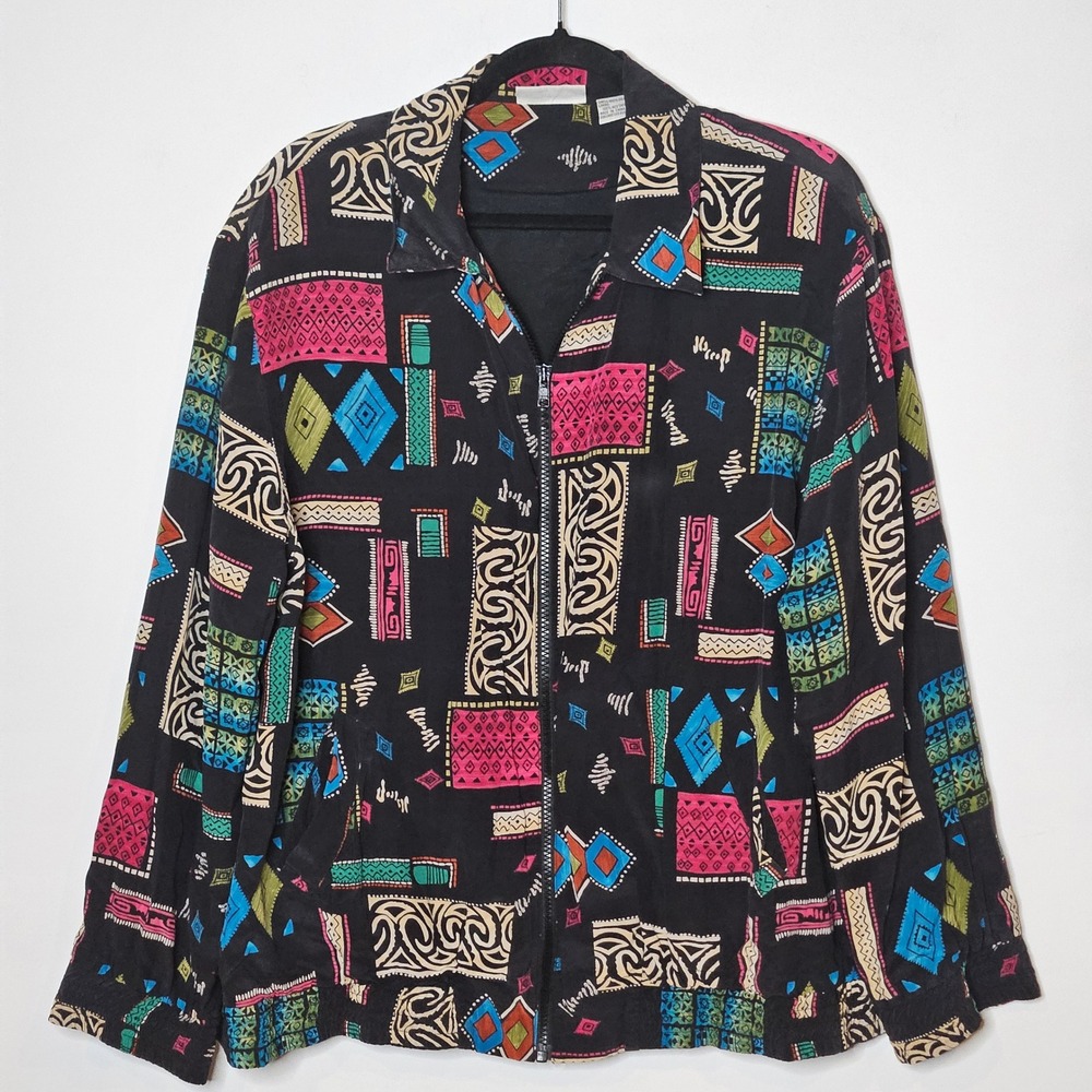 Alfred Dunner Vintage Funky 100% Silk Geometric Retro Zip Front Jacket Women 14